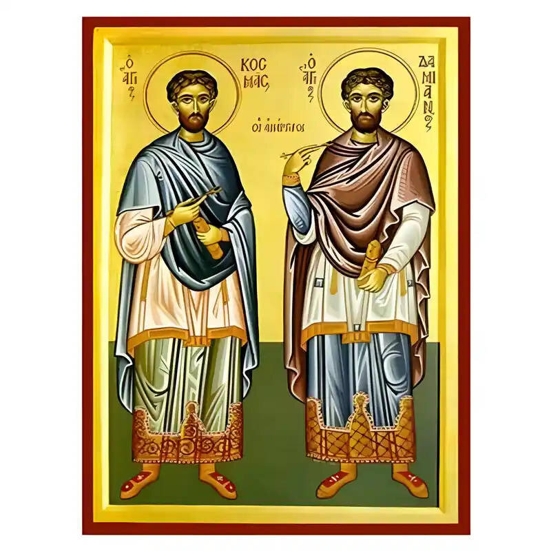 Εικόνα Ορθοδοξίας με περίγραμμα χρυσό σε ξύλο Φλαμουρίας  με  βάση Εικόνα Άγιοι Ανάργυροι Χειροποίητη Ελληνορθόδοξη , Κρεμαστή πλάκα βυζαντινής τέχνης, χριστιανική τέχνη Διάσταση 45x35 cm (17,7 x 13,8 ίντσες) INTRAEK-6294671165