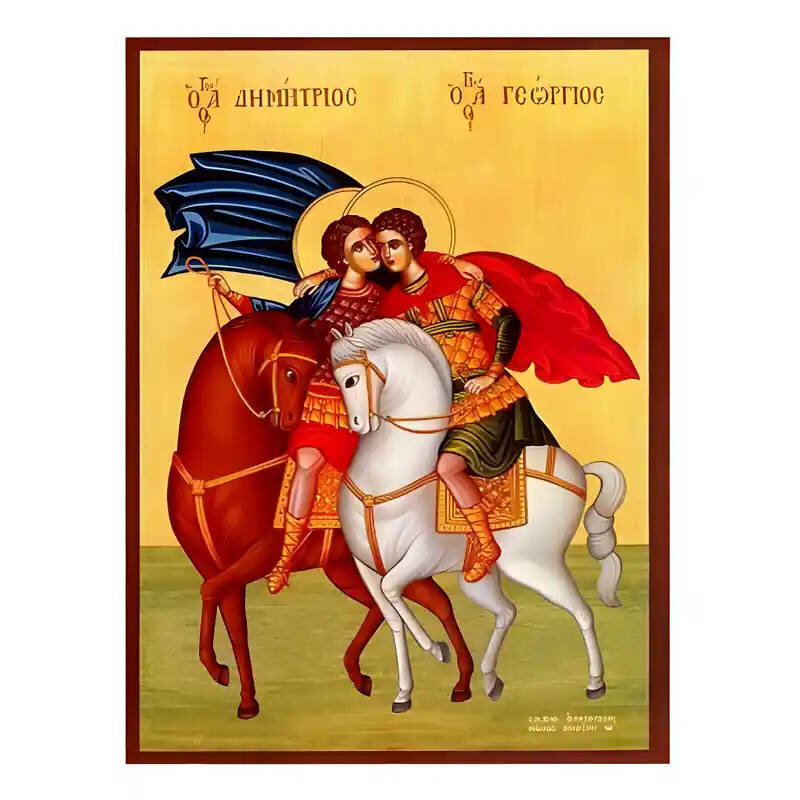Εικόνα Ορθοδοξίας με περίγραμμα χρυσό σε ξύλο Φλαμουρίας  με  βάση Εικόνα Άγιοι Γεώργιος και Δημήτριος Χειροποίητη Ελληνορθόδοξη , Κρεμαστή πλάκα βυζαντινής τέχνης, χριστιανική τέχνη Διάσταση 45x35 cm (17,7 x 13,8 ίντσες) INTRAEK-6294671158
