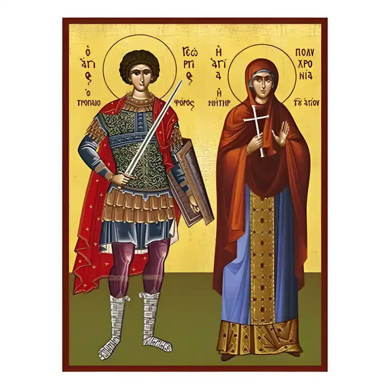 Εικόνα Ορθοδοξίας με περίγραμμα χρυσό σε ξύλο Φλαμουρίας  με  βάση Εικόνα Άγιοι Γεώργιος και Πολυχρονία Χειροποίητη Ελληνορθόδοξη , Κρεμαστή πλάκα βυζαντινής τέχνης, χριστιανική τέχνη Διάσταση 45x35 cm (17,7 x 13,8 ίντσες) INTRAEK-6294671157