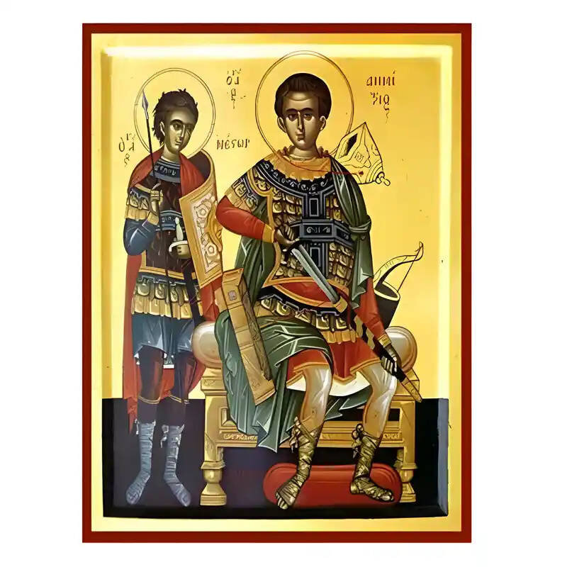 Εικόνα Ορθοδοξίας με περίγραμμα χρυσό σε ξύλο Φλαμουρίας  με  βάση Εικόνα Άγιοι Δημήτριος και Νέστωρ Χειροποίητη Ελληνορθόδοξη , Κρεμαστή πλάκα βυζαντινής τέχνης, χριστιανική τέχνη Διάσταση 45x35 cm (17,7 x 13,8 ίντσες) INTRAEK-6294671155