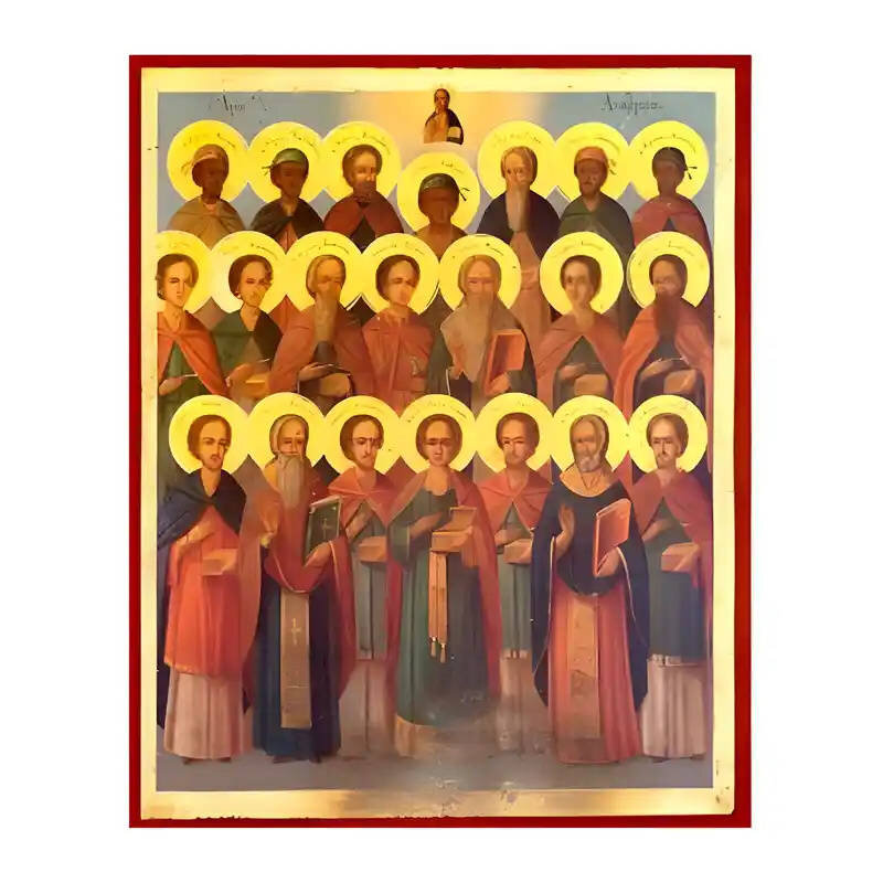 Εικόνα Ορθοδοξίας με περίγραμμα χρυσό σε ξύλο Φλαμουρίας  με  βάση Εικόνα Άγιοι είκοσι ένας Ανάργυροι Χειροποίητη Ελληνορθόδοξη , Κρεμαστή πλάκα βυζαντινής τέχνης, χριστιανική τέχνη Διάσταση 45x35 cm (17,7 x 13,8 ίντσες) INTRAEK-6294671153