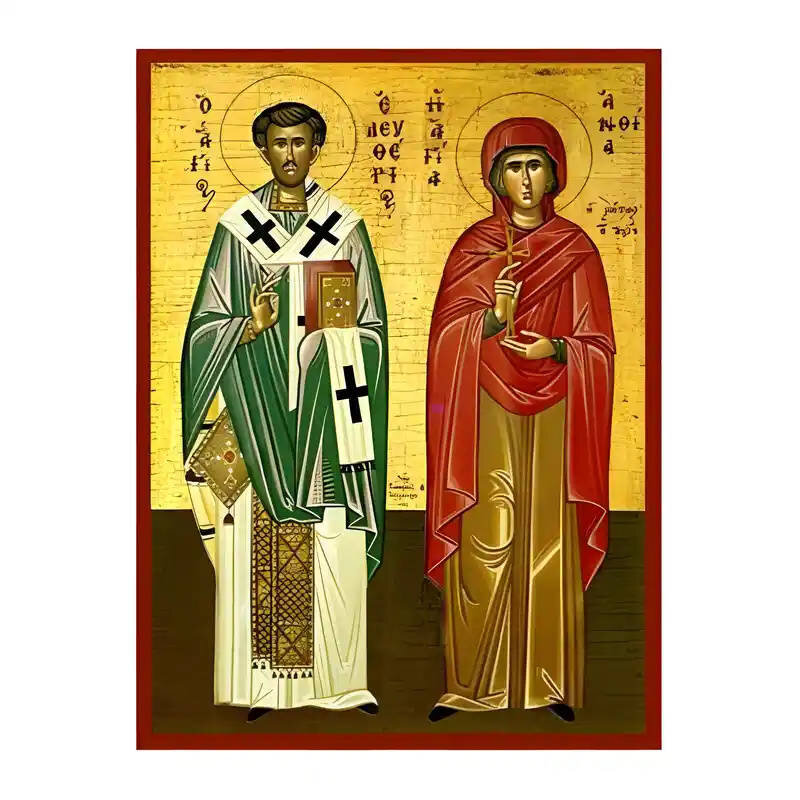 Εικόνα Ορθοδοξίας με περίγραμμα χρυσό σε ξύλο Φλαμουρίας  με  βάση Εικόνα Άγιοι Ελευθέριος και Ανθία Χειροποίητη Ελληνορθόδοξη , Κρεμαστή πλάκα βυζαντινής τέχνης, χριστιανική τέχνη Διάσταση 45x35 cm (17,7 x 13,8 ίντσες) INTRAEK-6294671152