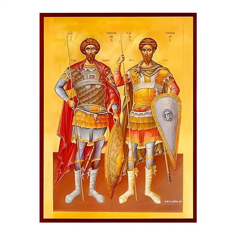 Εικόνα Ορθοδοξίας με περίγραμμα χρυσό σε ξύλο Φλαμουρίας  με  βάση Εικόνα Άγιοι Θεόδωροι, Τήρων και Στρατηλάτης Χειροποίητη Ελληνορθόδοξη , Κρεμαστή πλάκα βυζαντινής τέχνης, χριστιανική τέχνη Διάσταση 45x35 cm (17,7 x 13,8 ίντσες) INTRAEK-6294671148