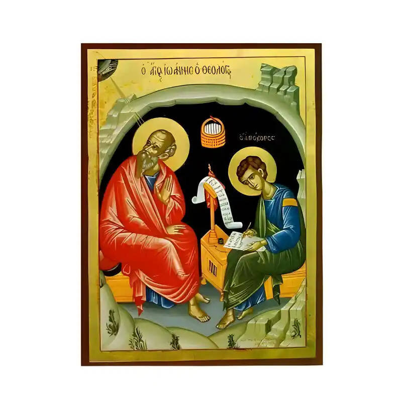 Εικόνα Ορθοδοξίας με περίγραμμα χρυσό σε ξύλο Φλαμουρίας  με  βάση Εικόνα Άγιοι Ιωάννης Θεολόγος και Πρόχορος Χειροποίητη Ελληνορθόδοξη , Κρεμαστή πλάκα βυζαντινής τέχνης, χριστιανική τέχνη Διάσταση 45x35 cm (17,7 x 13,8 ίντσες) INTRAEK-6294671137