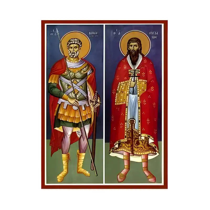 Εικόνα Ορθοδοξίας με περίγραμμα χρυσό σε ξύλο Φλαμουρίας  με  βάση Εικόνα Άγιοι Μηνάς και Ευστράτιος Χειροποίητη Ελληνορθόδοξη , Κρεμαστή πλάκα βυζαντινής τέχνης, χριστιανική τέχνη Διάσταση 45x35 cm (17,7 x 13,8 ίντσες) INTRAEK-6294671122