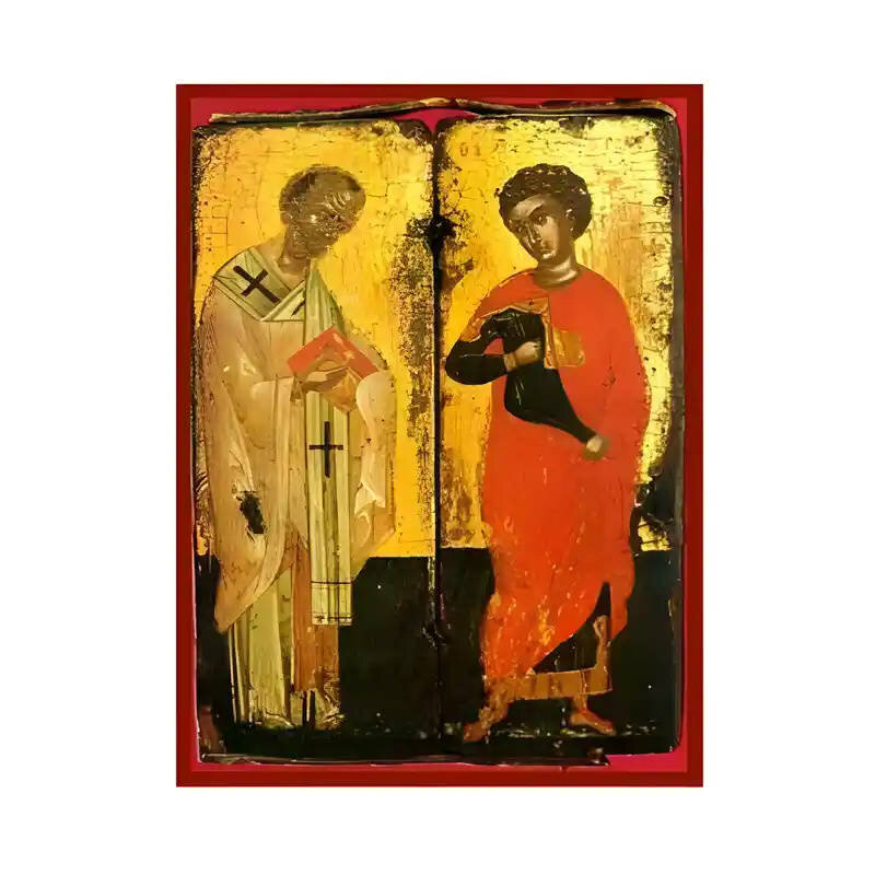 Εικόνα Ορθοδοξίας με περίγραμμα χρυσό σε ξύλο Φλαμουρίας  με  βάση Εικόνα Άγιοι Νικόλαος και Γεώργιος Χειροποίητη Ελληνορθόδοξη , Κρεμαστή πλάκα βυζαντινής τέχνης, χριστιανική τέχνη Διάσταση 45x35 cm (17,7 x 13,8 ίντσες) INTRAEK-6294671121