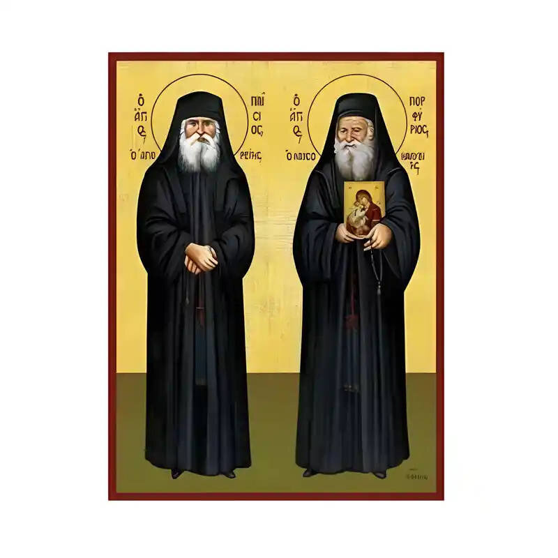 Εικόνα Ορθοδοξίας με περίγραμμα χρυσό σε ξύλο Φλαμουρίας  με  βάση Εικόνα Άγιοι Παΐσιος και Πορφύριος Χειροποίητη Ελληνορθόδοξη , Κρεμαστή πλάκα βυζαντινής τέχνης, χριστιανική τέχνη Διάσταση 45x35 cm (17,7 x 13,8 ίντσες) INTRAEK-6294671118