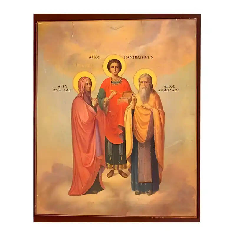 Εικόνα Ορθοδοξίας με περίγραμμα χρυσό σε ξύλο Φλαμουρίας  με  βάση Εικόνα Άγιοι Παντελεήμων, Ευβούλη και Ερμόλαος Χειροποίητη Ελληνορθόδοξη , Κρεμαστή πλάκα βυζαντινής τέχνης, χριστιανική τέχνη Διάσταση 45x35 cm (17,7 x 13,8 ίντσες) INTRAEK-6294671116