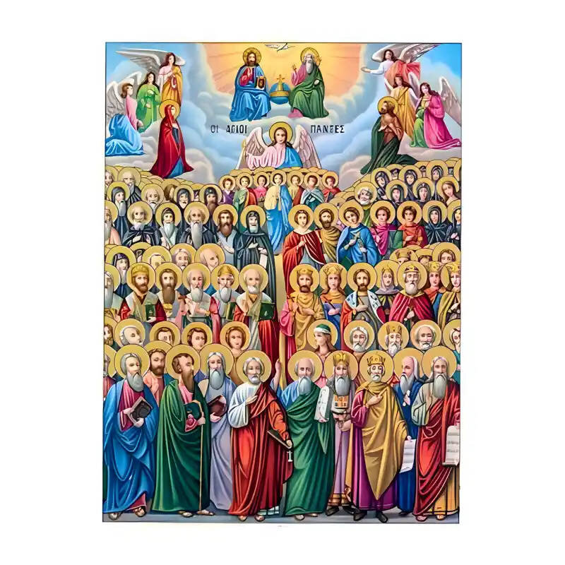Εικόνα Ορθοδοξίας με περίγραμμα χρυσό σε ξύλο Φλαμουρίας  με  βάση Εικόνα Άγιοι Πάντες Χειροποίητη Ελληνορθόδοξη , Κρεμαστή πλάκα βυζαντινής τέχνης, χριστιανική τέχνη Διάσταση 45x35 cm (17,7 x 13,8 ίντσες) INTRAEK-6294671115