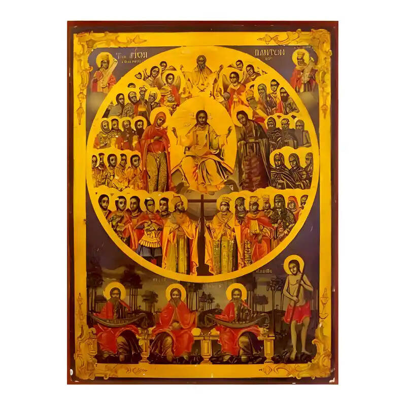 Εικόνα Ορθοδοξίας με περίγραμμα χρυσό σε ξύλο Φλαμουρίας  με  βάση Εικόνα Άγιοι Πάντες Χειροποίητη Ελληνορθόδοξη , Κρεμαστή πλάκα βυζαντινής τέχνης, χριστιανική τέχνη Διάσταση 45x35 cm (17,7 x 13,8 ίντσες) INTRAEK-6294671112