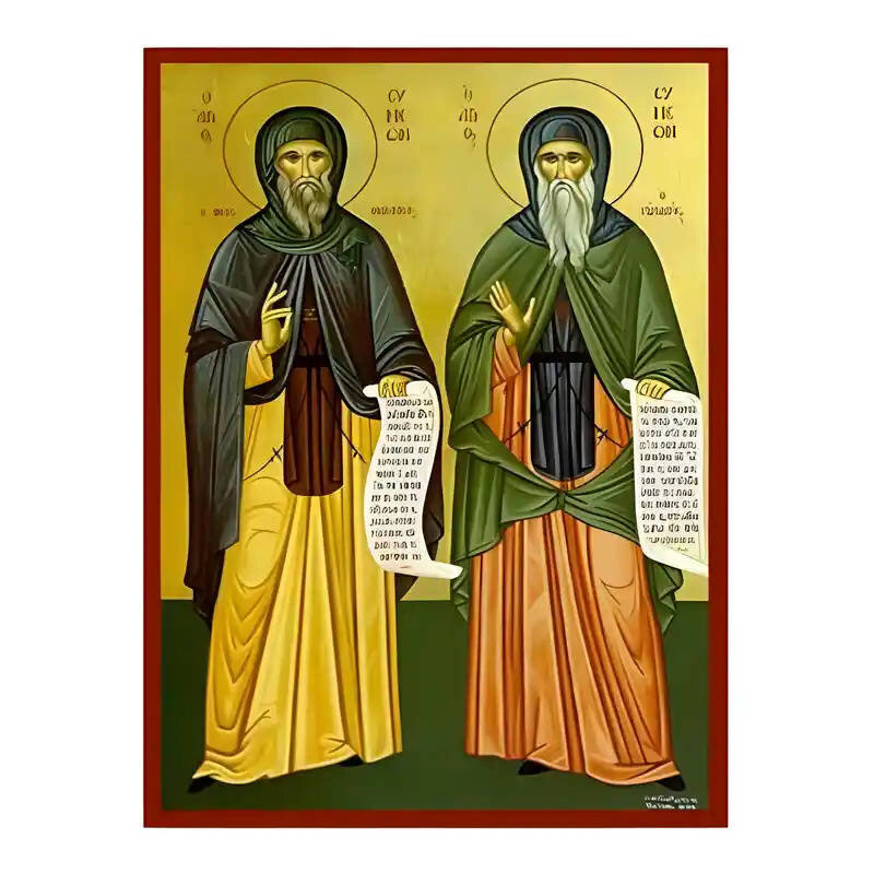 Εικόνα Ορθοδοξίας με περίγραμμα χρυσό σε ξύλο Φλαμουρίας  με  βάση Εικόνα Άγιοι Συμεών ο Νέος Θεολόγος και Συμεών ο Ευλαβής Χειροποίητη Ελληνορθόδοξη , Κρεμαστή πλάκα βυζαντινής τέχνης, χριστιανική τέχνη Διάσταση 45x35 cm (17,7 x 13,8 ίντσες) INTRAEK-6294