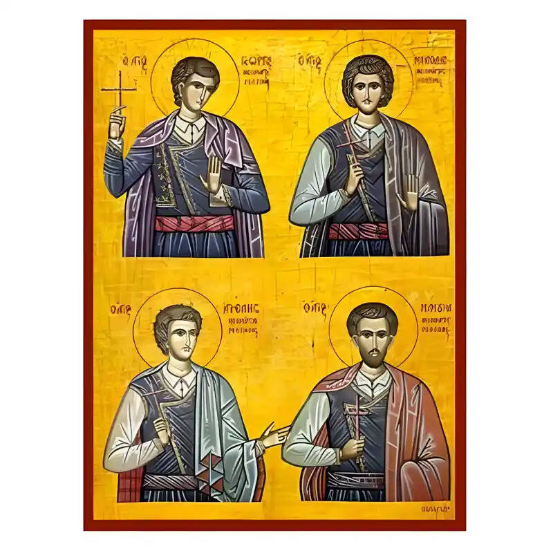 Εικόνα Ορθοδοξίας με περίγραμμα χρυσό σε ξύλο Φλαμουρίας  με  βάση Εικόνα Άγιοι Τέσσερις Νεομάρτυρες Ρεθύμνης Χειροποίητη Ελληνορθόδοξη , Κρεμαστή πλάκα βυζαντινής τέχνης, χριστιανική τέχνη Διάσταση 45x35 cm (17,7 x 13,8 ίντσες) INTRAEK-6294671102