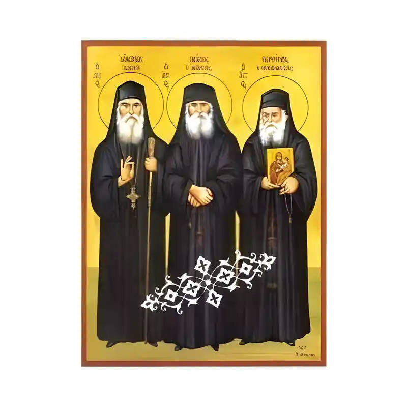 Εικόνα Ορθοδοξίας με περίγραμμα χρυσό σε ξύλο Φλαμουρίας  με  βάση Εικόνα Άγιοι τρεις Γέροντες, Πορφύριος Καυσοκαλυβίτης, Παΐσιος, Ιάκωβος Τσαλίκης Χειροποίητη Ελληνορθόδοξη , Κρεμαστή πλάκα βυζαντινής τέχνης, χριστιανική τέχνη Διάσταση 45x35 cm (17,7 x 1