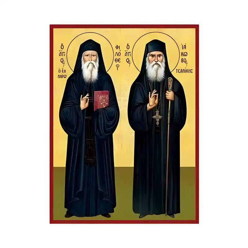 Εικόνα Ορθοδοξίας με περίγραμμα χρυσό σε ξύλο Φλαμουρίας  με  βάση Εικόνα Άγιοι Φιλόθεος Ζερβάκος ο εν Πάρω και Ιάκωβος Τσαλίκης Χειροποίητη Ελληνορθόδοξη , Κρεμαστή πλάκα βυζαντινής τέχνης, χριστιανική τέχνη Διάσταση 45x35 cm (17,7 x 13,8 ίντσες) INTRAEK