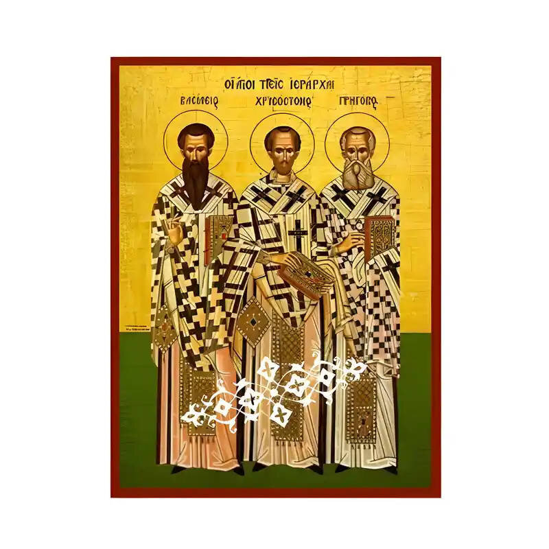Εικόνα Ορθοδοξίας με περίγραμμα χρυσό σε ξύλο Φλαμουρίας  με  βάση Εικόνα Άγιοι Τρείς Ιεράρχες Χειροποίητη Ελληνορθόδοξη , Κρεμαστή πλάκα βυζαντινής τέχνης, χριστιανική τέχνη Διάσταση 45x35 cm (17,7 x 13,8 ίντσες) INTRAEK-6294671063