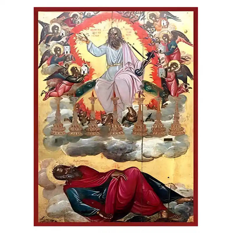 Εικόνα Ορθοδοξίας με περίγραμμα χρυσό σε ξύλο Φλαμουρίας  με  βάση Εικόνα Άγιος Ιωάννης Θεολόγος, το Όραμα Χειροποίητη Ελληνορθόδοξη , Κρεμαστή πλάκα βυζαντινής τέχνης, χριστιανική τέχνη Διάσταση 45x35 cm (17,7 x 13,8 ίντσες) INTRAEK-6294671059