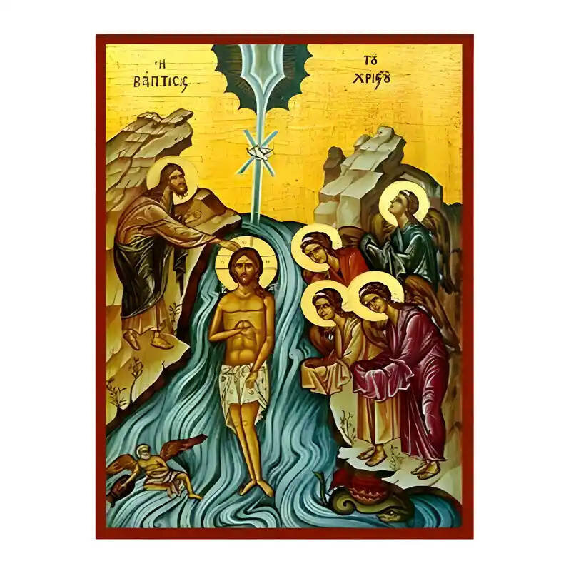 Εικόνα Ορθοδοξίας με περίγραμμα χρυσό σε ξύλο Φλαμουρίας  με  βάση Εικόνα Βάπτιση του Χριστού Χειροποίητη Ελληνορθόδοξη , Κρεμαστή πλάκα βυζαντινής τέχνης, χριστιανική τέχνη Διάσταση 45x35 cm (17,7 x 13,8 ίντσες) INTRAEK-6294671020