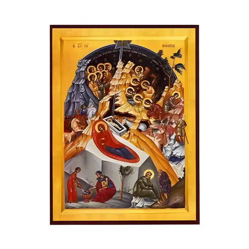 Εικόνα Ορθοδοξίας με περίγραμμα χρυσό σε ξύλο Φλαμουρίας  με  βάση Εικόνα Γέννηση του Χριστού Χειροποίητη Ελληνορθόδοξη , Κρεμαστή πλάκα βυζαντινής τέχνης, χριστιανική τέχνη Διάσταση 45x35 cm (17,7 x 13,8 ίντσες) INTRAEK-6294671011