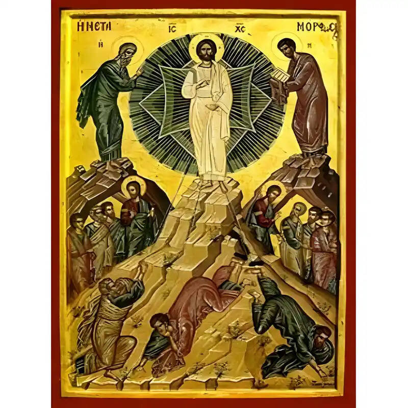 Εικόνα Ορθοδοξίας με περίγραμμα χρυσό σε ξύλο Φλαμουρίας  με  βάση Εικόνα Μεταμόρφωση του Χριστού Χειροποίητη Ελληνορθόδοξη , Κρεμαστή πλάκα βυζαντινής τέχνης, χριστιανική τέχνη Διάσταση 45x35 cm (17,7 x 13,8 ίντσες) INTRAEK-6294670974