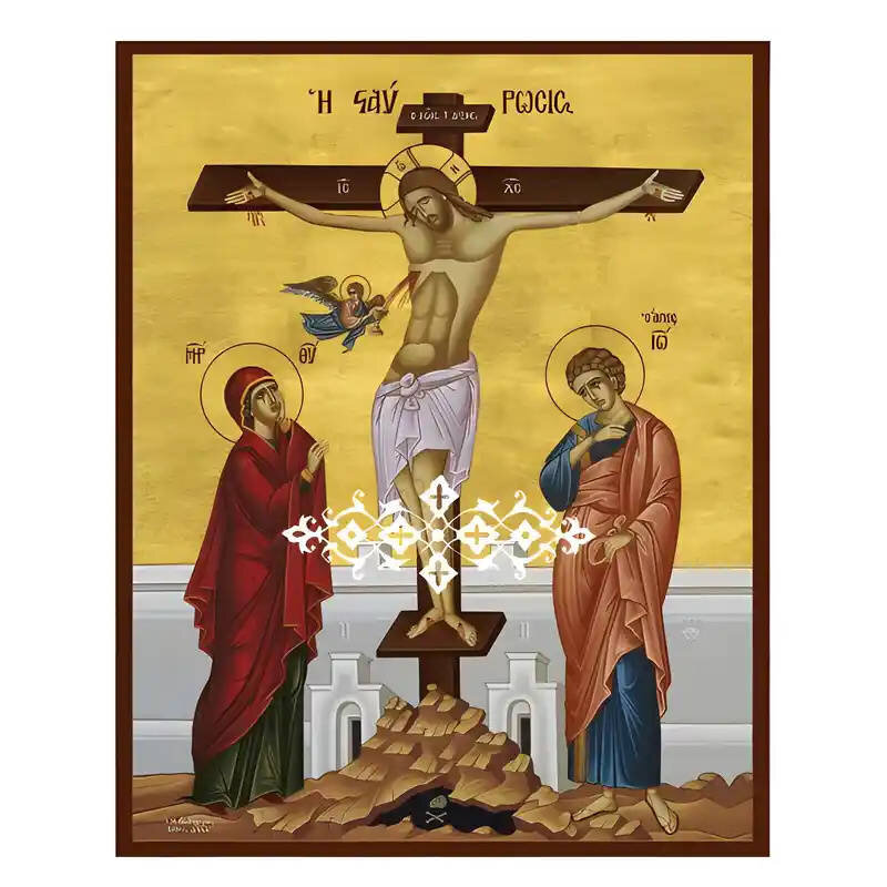 Εικόνα Ορθοδοξίας με περίγραμμα χρυσό σε ξύλο Φλαμουρίας  με  βάση Εικόνα Σταύρωση του Χριστού Χειροποίητη Ελληνορθόδοξη , Κρεμαστή πλάκα βυζαντινής τέχνης, χριστιανική τέχνη Διάσταση 45x35 cm (17,7 x 13,8 ίντσες) INTRAEK-6294670947
