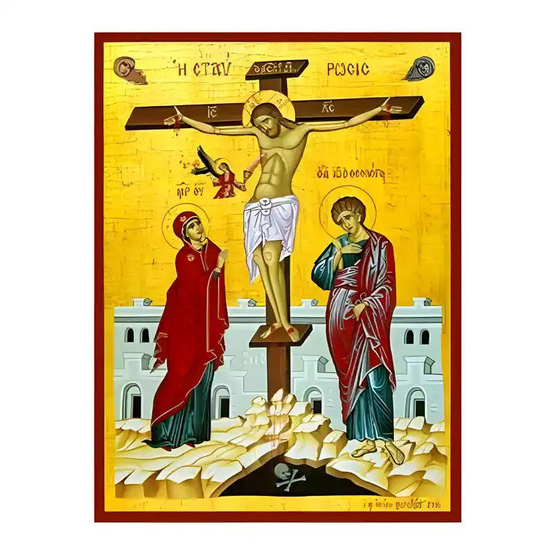 Εικόνα Ορθοδοξίας με περίγραμμα χρυσό σε ξύλο Φλαμουρίας  με  βάση Εικόνα Σταύρωση του Χριστού Χειροποίητη Ελληνορθόδοξη , Κρεμαστή πλάκα βυζαντινής τέχνης, χριστιανική τέχνη Διάσταση 45x35 cm (17,7 x 13,8 ίντσες) INTRAEK-6294670791