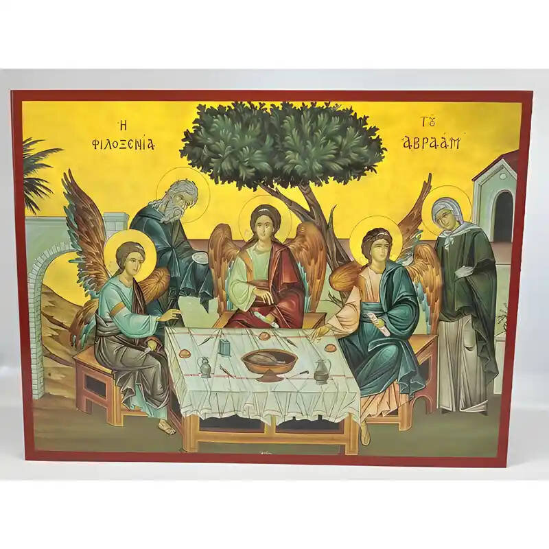 Εικόνα Ορθοδοξίας με περίγραμμα χρυσό σε ξύλο Φλαμουρίας  με  βάση Εικόνα Φιλοξενία του Αβραάμ Χειροποίητη Ελληνορθόδοξη , Κρεμαστή πλάκα βυζαντινής τέχνης, χριστιανική τέχνη Διάσταση 45x35 cm (17,7 x 13,8 ίντσες) INTRAEK-6294670917