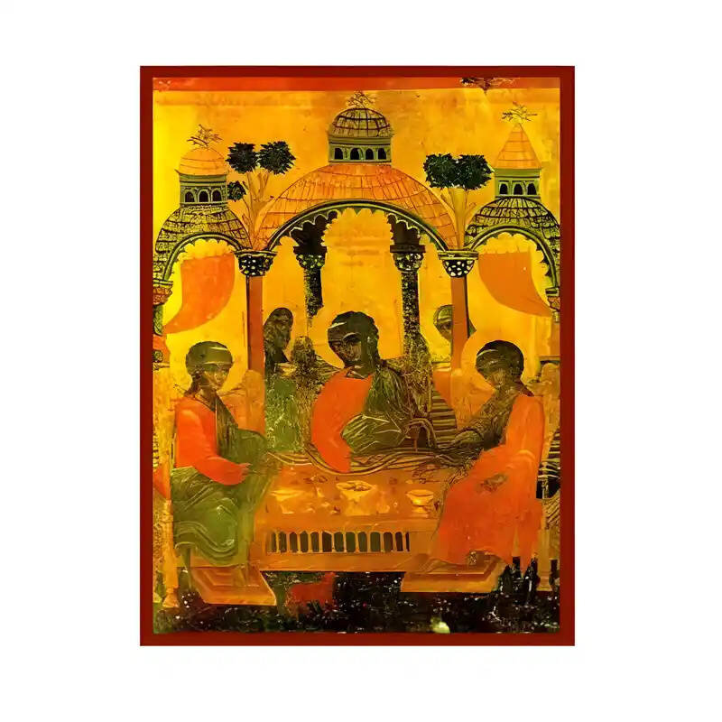 Εικόνα Ορθοδοξίας με περίγραμμα χρυσό σε ξύλο Φλαμουρίας  με  βάση Εικόνα Φιλοξενία του Αβραάμ Χειροποίητη Ελληνορθόδοξη , Κρεμαστή πλάκα βυζαντινής τέχνης, χριστιανική τέχνη Διάσταση 45x35 cm (17,7 x 13,8 ίντσες) INTRAEK-6294670915