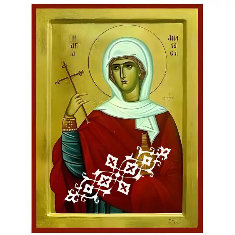 Εικόνα Ορθοδοξίας με περίγραμμα χρυσό σε ξύλο Φλαμουρίας  με  βάση Εικόνα Αγία Αναστασία Φαρμακολύτρια Χειροποίητη Ελληνορθόδοξη , Κρεμαστή πλάκα βυζαντινής τέχνης, χριστιανική τέχνη Διάσταση 45x35 cm (17,7 x 13,8 ίντσες) INTRAEK-6294670690