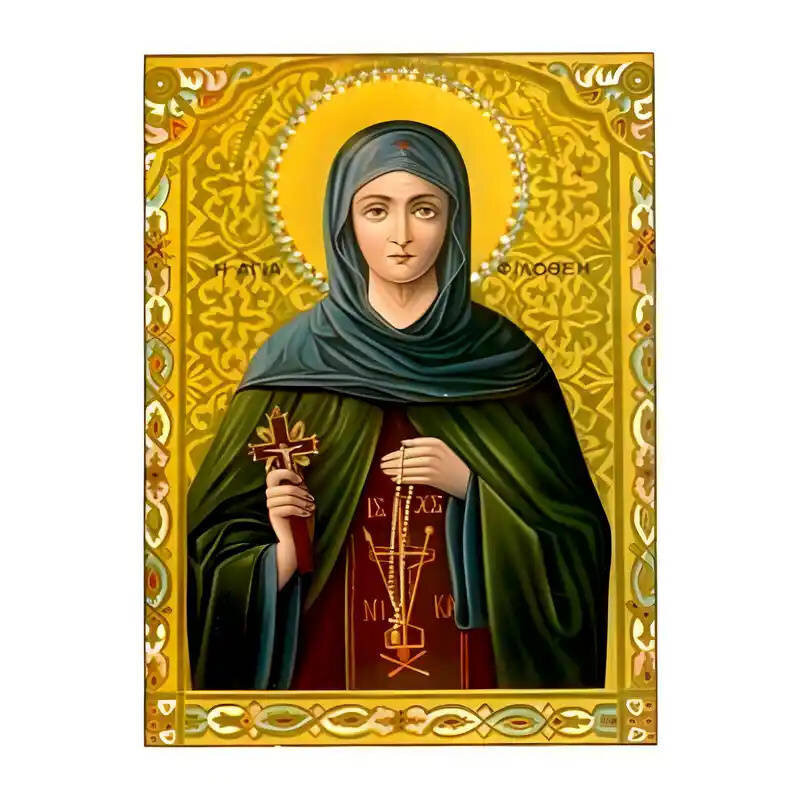 Εικόνα Ορθοδοξίας με περίγραμμα χρυσό σε ξύλο Φλαμουρίας  με  βάση Εικόνα Αγία Φιλοθέη, η Αθηναία Χειροποίητη Ελληνορθόδοξη , Κρεμαστή πλάκα βυζαντινής τέχνης, χριστιανική τέχνη Διάσταση 45x35 cm (17,7 x 13,8 ίντσες) INTRAEK-6294670518