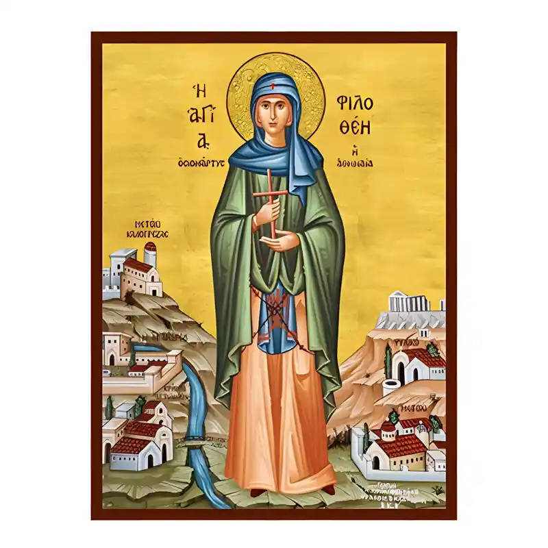 Εικόνα Ορθοδοξίας με περίγραμμα χρυσό σε ξύλο Φλαμουρίας  με  βάση Εικόνα Αγία Φιλοθέη, η Αθηναία Χειροποίητη Ελληνορθόδοξη , Κρεμαστή πλάκα βυζαντινής τέχνης, χριστιανική τέχνη Διάσταση 45x35 cm (17,7 x 13,8 ίντσες) INTRAEK-6294670516