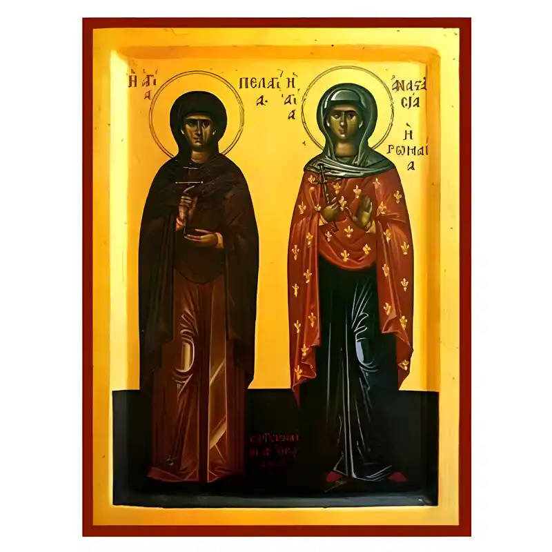 Εικόνα Ορθοδοξίας με περίγραμμα χρυσό σε ξύλο Φλαμουρίας  με  βάση Εικόνα Αγίες Πελαγία και Αναστασία Χειροποίητη Ελληνορθόδοξη , Κρεμαστή πλάκα βυζαντινής τέχνης, χριστιανική τέχνη Διάσταση 45x35 cm (17,7 x 13,8 ίντσες) INTRAEK-6294670503