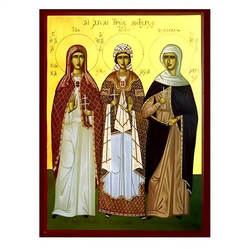 Εικόνα Ορθοδοξίας με περίγραμμα χρυσό σε ξύλο Φλαμουρίας  με  βάση Εικόνα Αγίες Τρεις Μητέρες, Νόννα, Εμμελεία, Ανθούσα Χειροποίητη Ελληνορθόδοξη , Κρεμαστή πλάκα βυζαντινής τέχνης, χριστιανική τέχνη Διάσταση 45x35 cm (17,7 x 13,8 ίντσες) INTRAEK-62946704