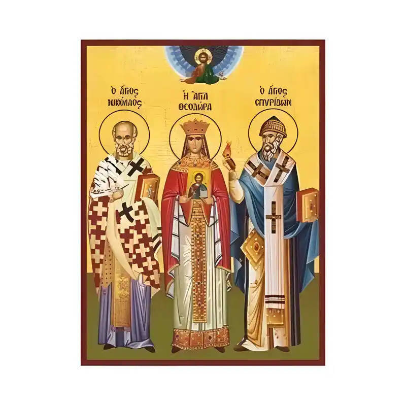Εικόνα Ορθοδοξίας με περίγραμμα χρυσό σε ξύλο Φλαμουρίας  με  βάση Εικόνα Άγιος Νικόλαος Αρχιεπίσκοπος Μύρων, Θεοδώρα Βυζαντινή και Σπυρίδων Τριμυθούντος Χειροποίητη Ελληνορθόδοξη , Κρεμαστή πλάκα βυζαντινής τέχνης, χριστιανική τέχνη Διάσταση 45x35 cm (17