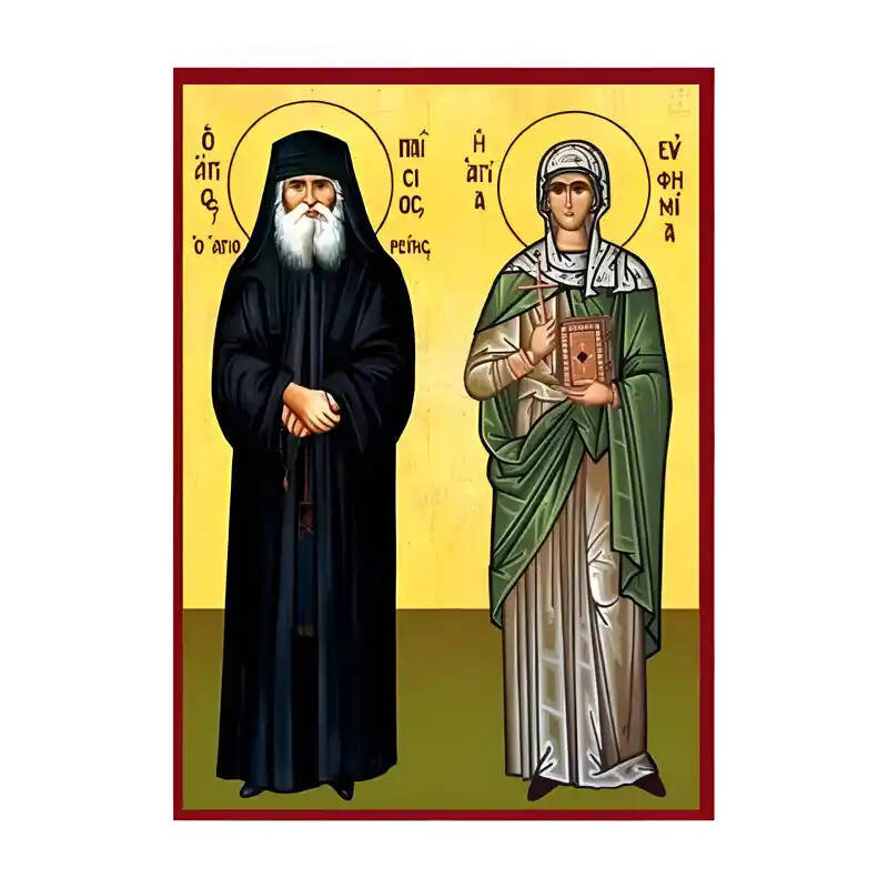 Εικόνα Ορθοδοξίας με περίγραμμα χρυσό σε ξύλο Φλαμουρίας  με  βάση Εικόνα Άγιος Παΐσιος και Ευφημία Χειροποίητη Ελληνορθόδοξη , Κρεμαστή πλάκα βυζαντινής τέχνης, χριστιανική τέχνη Διάσταση 45x35 cm (17,7 x 13,8 ίντσες) INTRAEK-6294670453