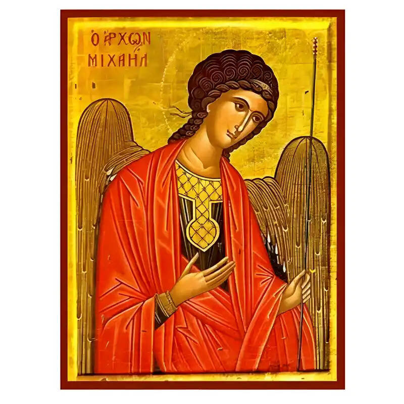 Εικόνα Ορθοδοξίας με περίγραμμα χρυσό σε ξύλο Φλαμουρίας  με  βάση Εικόνα Αρχάγγελος Μιχαήλ Δεόμενος Χειροποίητη Ελληνορθόδοξη , Κρεμαστή πλάκα βυζαντινής τέχνης, χριστιανική τέχνη Διάσταση 45x35 cm (17,7 x 13,8 ίντσες) INTRAEK-6294670422