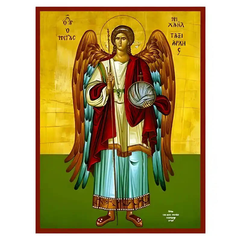 Εικόνα Ορθοδοξίας με περίγραμμα χρυσό σε ξύλο Φλαμουρίας  με  βάση Εικόνα Αρχάγγελος Μιχαήλ Μέγας Ταξιάρχης Χειροποίητη Ελληνορθόδοξη , Κρεμαστή πλάκα βυζαντινής τέχνης, χριστιανική τέχνη Διάσταση 45x35 cm (17,7 x 13,8 ίντσες) INTRAEK-6294670418