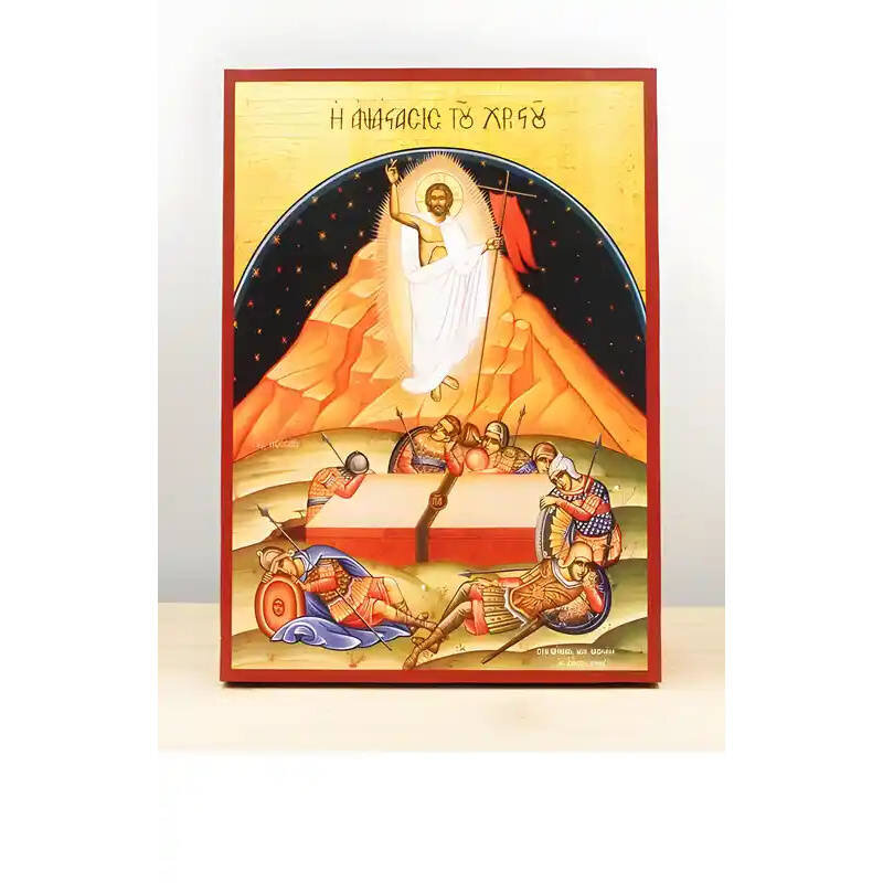 Σετ 2 τεμαχίων – Εικόνα Ορθοδοξίας με περίγραμμα χρυσό σε ξύλο Φλαμουρίας  με  βάση Λεπτομέρεια Ανάσταση του Ιησού Χριστού, Ξύλινη Χειροποίητη Εικόνα Ελληνικού Premium Βυζαντινού Στυλ Κρεμασμένο σε ξύλινη πλάκα Ορθόδοξο Θρησκευτικό Θέμα Χειροποίητη Ελληνο
