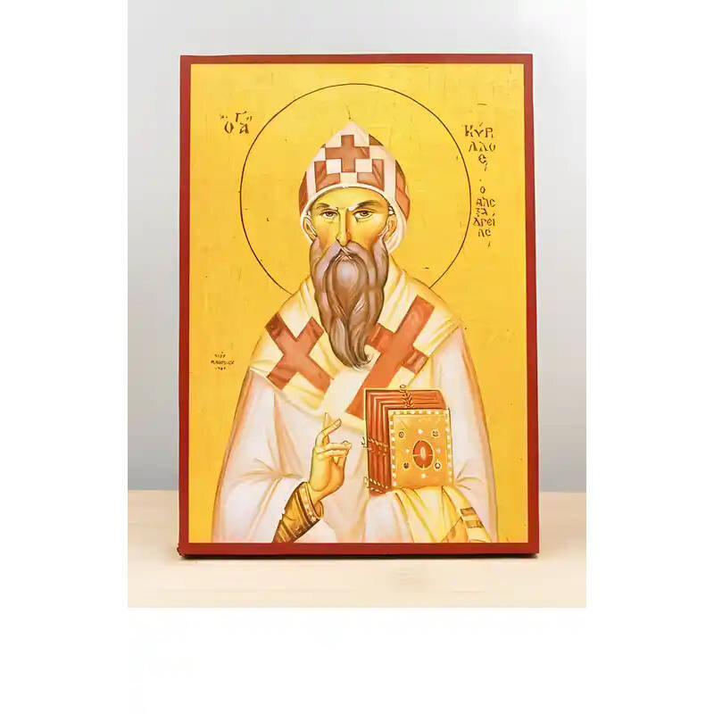 Σετ 2 τεμαχίων – Εικόνα Ορθοδοξίας με περίγραμμα χρυσό σε ξύλο Φλαμουρίας  με  βάση Άγιος Κύριλλος Αλεξανδρείας, Ξύλινη Χειροποίητη Εικόνα Ελληνικού Premium Βυζαντινού Στυλ Κρεμασμένη σε ξύλινη πλάκα Χειροποίητη Ελληνορθόδοξη εικόνα του Ιησού Χριστού, Κρε
