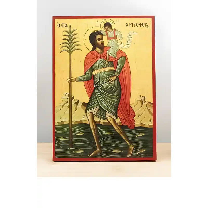 Σετ 2 τεμαχίων – Εικόνα Ορθοδοξίας με περίγραμμα χρυσό σε ξύλο Φλαμουρίας  με  βάση Άγιος Χριστόφορος με τον Ιησού Χριστό, Ξύλινη Χειροποίητη Εικόνα Ελληνικού Premium Βυζαντινού Στυλ Κρεμασμένο σε ξύλινη πλάκα Θρησκευτικό θέμα Χειροποίητη Ελληνορθόδοξη ει