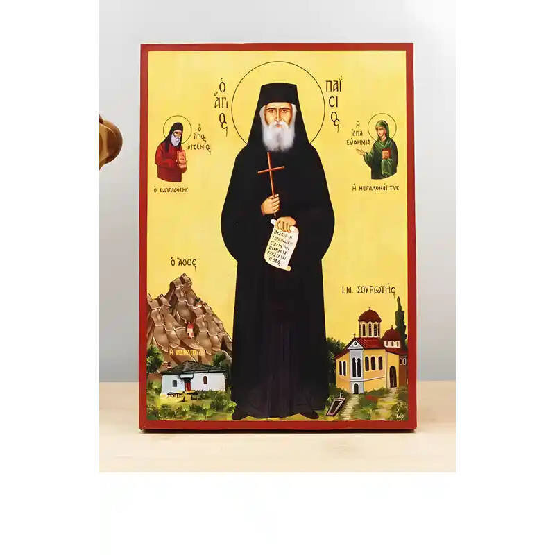 Σετ 2 τεμαχίων – Εικόνα Ορθοδοξίας με περίγραμμα χρυσό σε ξύλο Φλαμουρίας  με  βάση Άγιος Παΐσιος ο Αθωνίτης, Ξύλινη Χειροποίητη Εικόνα Ελληνικής Premium Βυζαντινού Στυλ Κρεμαστή σε ξύλινη πλάκα Θρησκευτικό θέμα Χειροποίητη Ελληνορθόδοξη εικόνα του Ιησού