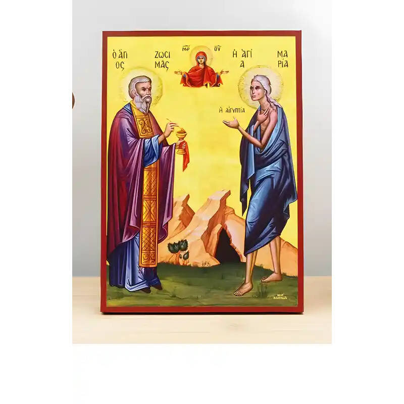 Σετ 2 τεμαχίων – Εικόνα Ορθοδοξίας με περίγραμμα χρυσό σε ξύλο Φλαμουρίας  με  βάση Οι Άγιοι Ζωσιμάς και η Αγία Μαρία της Αιγύπτου με την Παναγία, Ξύλινη Χειροποίητη Εικόνα Ελληνικού Premium Βυζαντινού Στυλ Κρεμασμένη σε Ξυλόπλακα Χειροποίητη Ελληνορθόδοξ