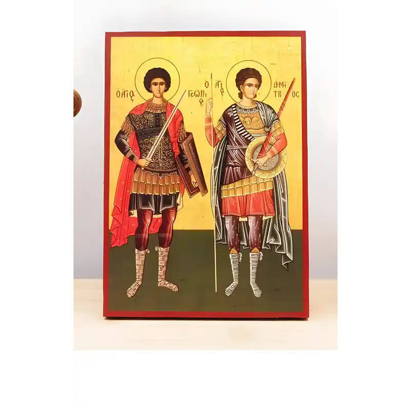 Σετ 2 τεμαχίων – Εικόνα Ορθοδοξίας με περίγραμμα χρυσό σε ξύλο Φλαμουρίας  με  βάση Άγιοι Γεώργιος και Δημήτριος, Ξύλινη Χειροποίητη Εικόνα Ελληνικής Premium Βυζαντινού Στυλ Κρεμασμένη σε ξύλινη πλάκα Χειροποίητη Ελληνορθόδοξη εικόνα του Ιησού Χριστού, Κρ