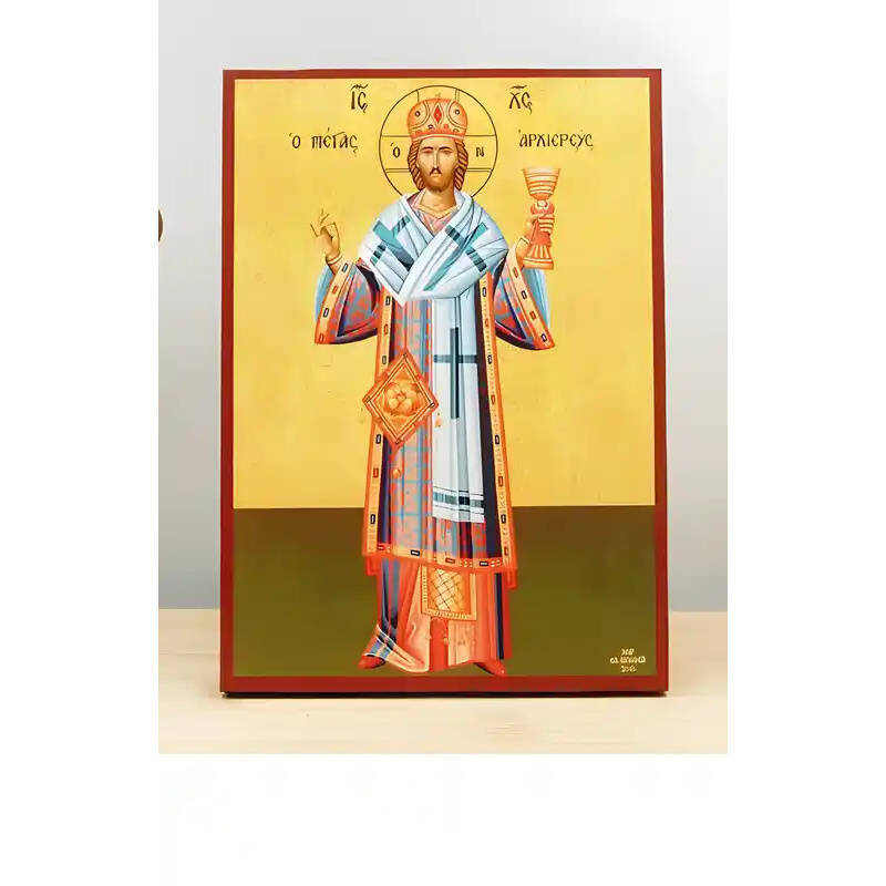 Εικόνα Ορθοδοξίας με περίγραμμα χρυσό σε ξύλο Φλαμουρίας  με  βάση Ιησούς Χριστός ο Μέγας Αρχιερέας, Ξύλινη Χειροποίητη Εικόνα Ελληνικού Βυζαντινού Στυλ τοίχου Κρεμασμένη σε ξύλινη πλάκα Θρησκευτικό θέμα Χειροποίητη Ελληνορθόδοξη εικόνα του Ιησού Χριστού,
