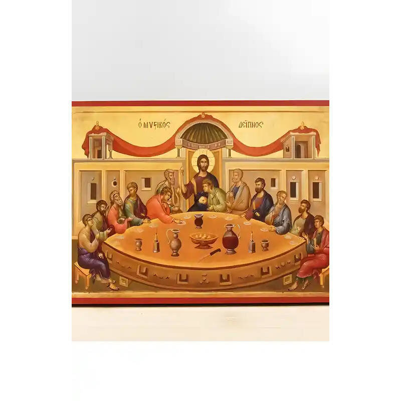 Σετ 2 τεμαχίων – Εικόνα Ορθοδοξίας με περίγραμμα χρυσό σε ξύλο Φλαμουρίας  με  βάση Ο Μυστικός Δείπνος Ο Ιησούς Χριστός με τους Αποστόλους, Ξύλινη Χειροποίητη Εικόνα Ελληνικού Premium Βυζαντινού Στυλ Κρεμασμένο σε ξύλινη πλάκα Θρησκευτικό θέμα Χειροποίητη