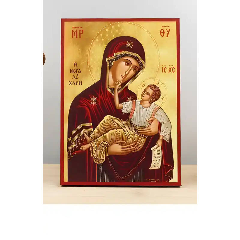 Σετ 2 τεμαχίων – Εικόνα Ορθοδοξίας με περίγραμμα χρυσό σε ξύλο Φλαμουρίας  με  βάση Παναγία της Μεγάλης Χάριτος «Μεγαλόχαρη» με τον Ιησού, Ξύλινη Χειροποίητη Εικόνα Ελληνική Premium Βυζαντινού Στυλ Κρεμαστή Ξύλινη Πλάκα Θρησκευτική Χειροποίητη Ελληνορθόδο