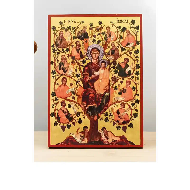 Σετ 2 τεμαχίων – Εικόνα Ορθοδοξίας με περίγραμμα χρυσό σε ξύλο Φλαμουρίας  με  βάση Virgin Mary The Tree of Jesse, Ξύλινη Χειροποίητη Εικόνα Ελληνικού Premium Βυζαντινού Στυλ Κρεμασμένο σε ξύλινη πλάκα Θρησκευτικό θέμα Χειροποίητη Ελληνορθόδοξη εικόνα του