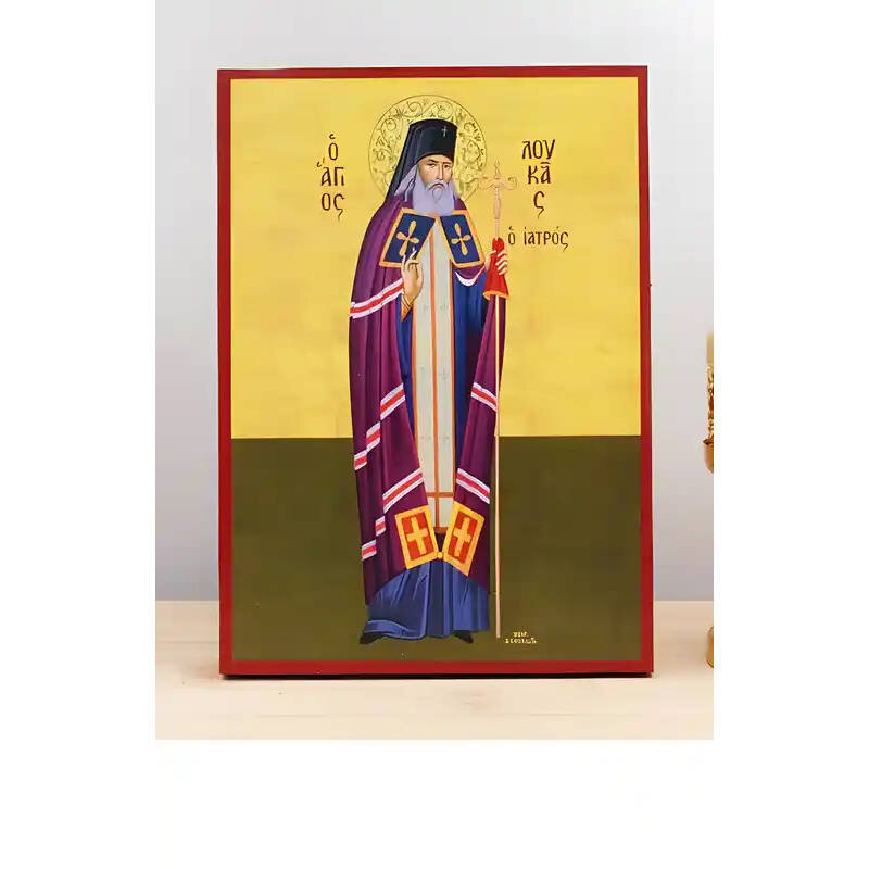 Σετ 2 τεμαχίων – Εικόνα Ορθοδοξίας με περίγραμμα χρυσό σε ξύλο Φλαμουρίας  με  βάση Ολόσωμος Άγιος Λουκάς ο Ιατρός, Ξύλινη Χειροποίητη Εικόνα Ελληνικού Βυζαντινού Στυλ Κρεμαστή σε ξύλινη πλάκα Χειροποίητη Ελληνορθόδοξη εικόνα του Ιησού Χριστού, Κρεμαστή π