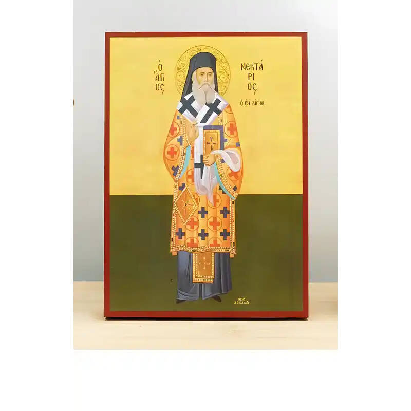 Σετ 2 τεμαχίων – Εικόνα Ορθοδοξίας με περίγραμμα χρυσό σε ξύλο Φλαμουρίας  με  βάση Άγιος Νεκτάριος Μητροπολίτης Πενταπόλεως και Θαυματουργός Αίγινας Fullboby, Ξύλινη Χειροποίητη Εικόνα Ελληνική Βυζαντινή Τοίχο Χειροποίητη Ελληνορθόδοξη εικόνα του Ιησού Χ