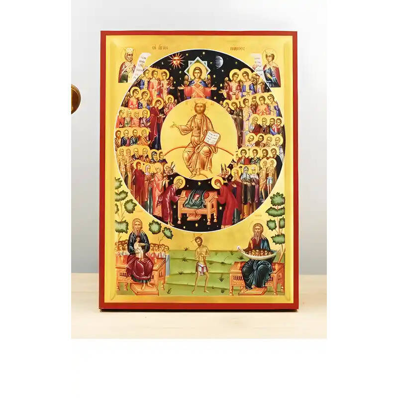 Σετ 2 τεμαχίων – Εικόνα Ορθοδοξίας με περίγραμμα χρυσό σε ξύλο Φλαμουρίας  με  βάση Γιορτή των Αγίων Πάντων, Ξύλινη Χειροποίητη Εικόνα Ελληνικού Premium Βυζαντινού Στυλ Κρεμασμένο σε ξύλινη πλάκα Θρησκευτικό θέμα Χειροποίητη Ελληνορθόδοξη εικόνα του Ιησού