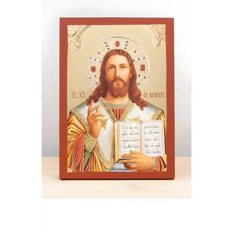 Σετ 2 τεμαχίων – Εικόνα Ορθοδοξίας με περίγραμμα χρυσό σε ξύλο Φλαμουρίας  με  βάση Ο Ιησούς Χριστός ευλογούσε στην αρχή ήταν η Ξύλινη Χειροποίητη Εικόνα με  Ψηφιακή Εκτύπωση Ελληνικού Βυζαντινού Στυλ σε τοίχο Χειροποίητη Ελληνορθόδοξη εικόνα του Ιησού Χρ